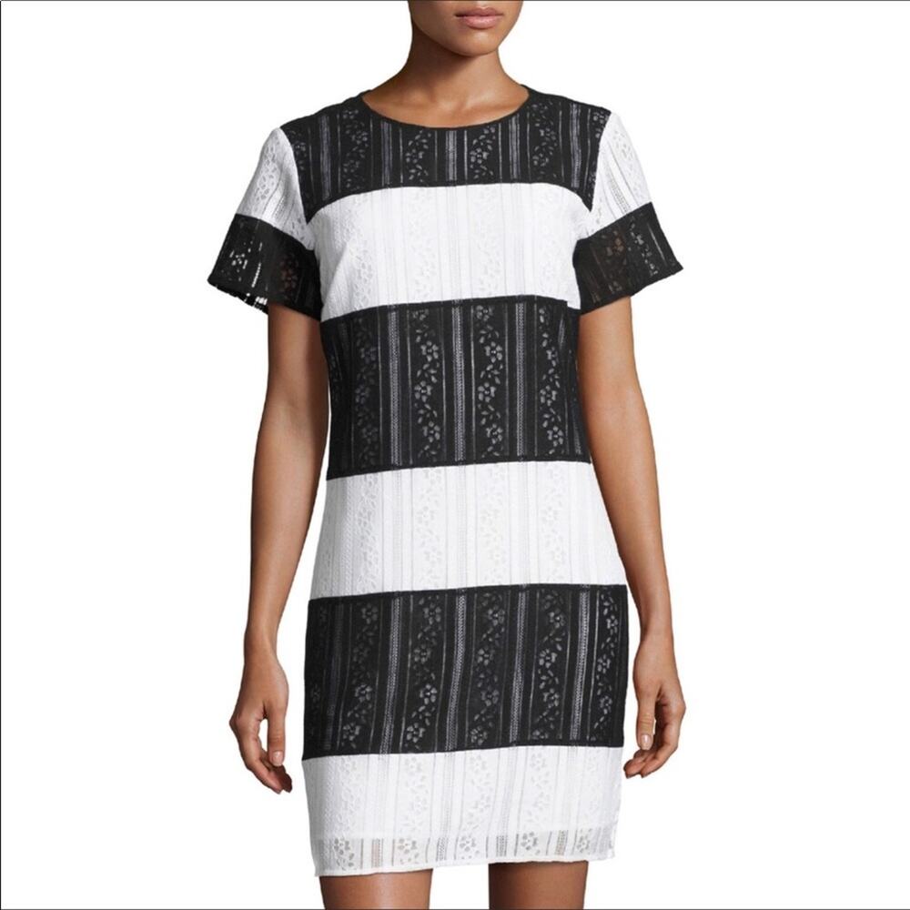 Michael Kors NWT Lace Black White Striped Mod Short Sleeved Shift Dress